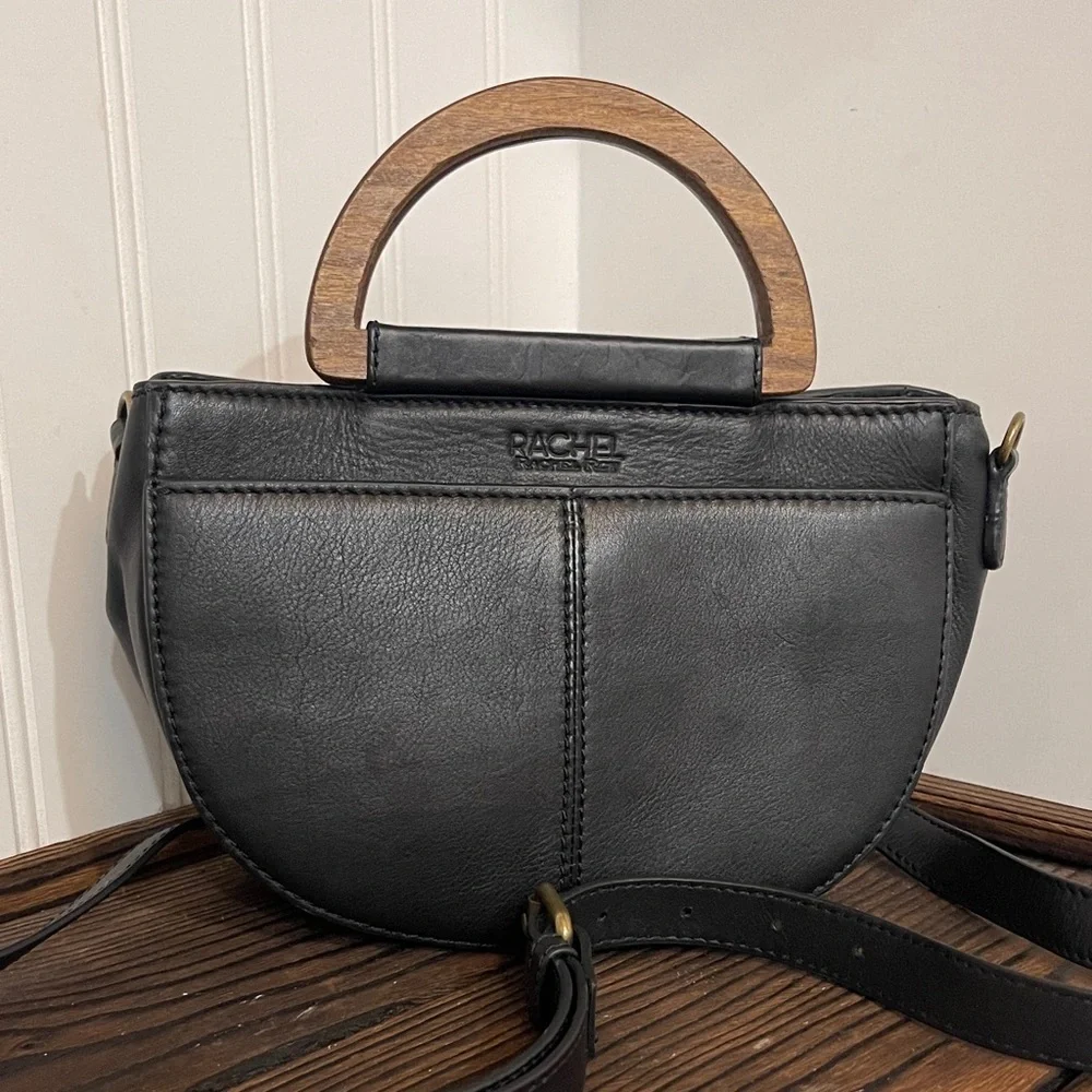 Rachel Roy Black Leather Crescent Crossbody Bag with Wooden Handle